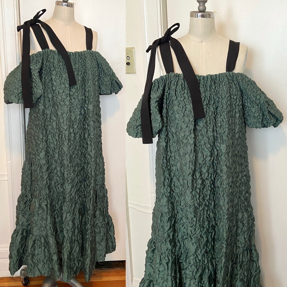 $1,600 Ulla Johnson Runway Francoise Green Wool Silk Smocked Gown - Picture 4 of 14